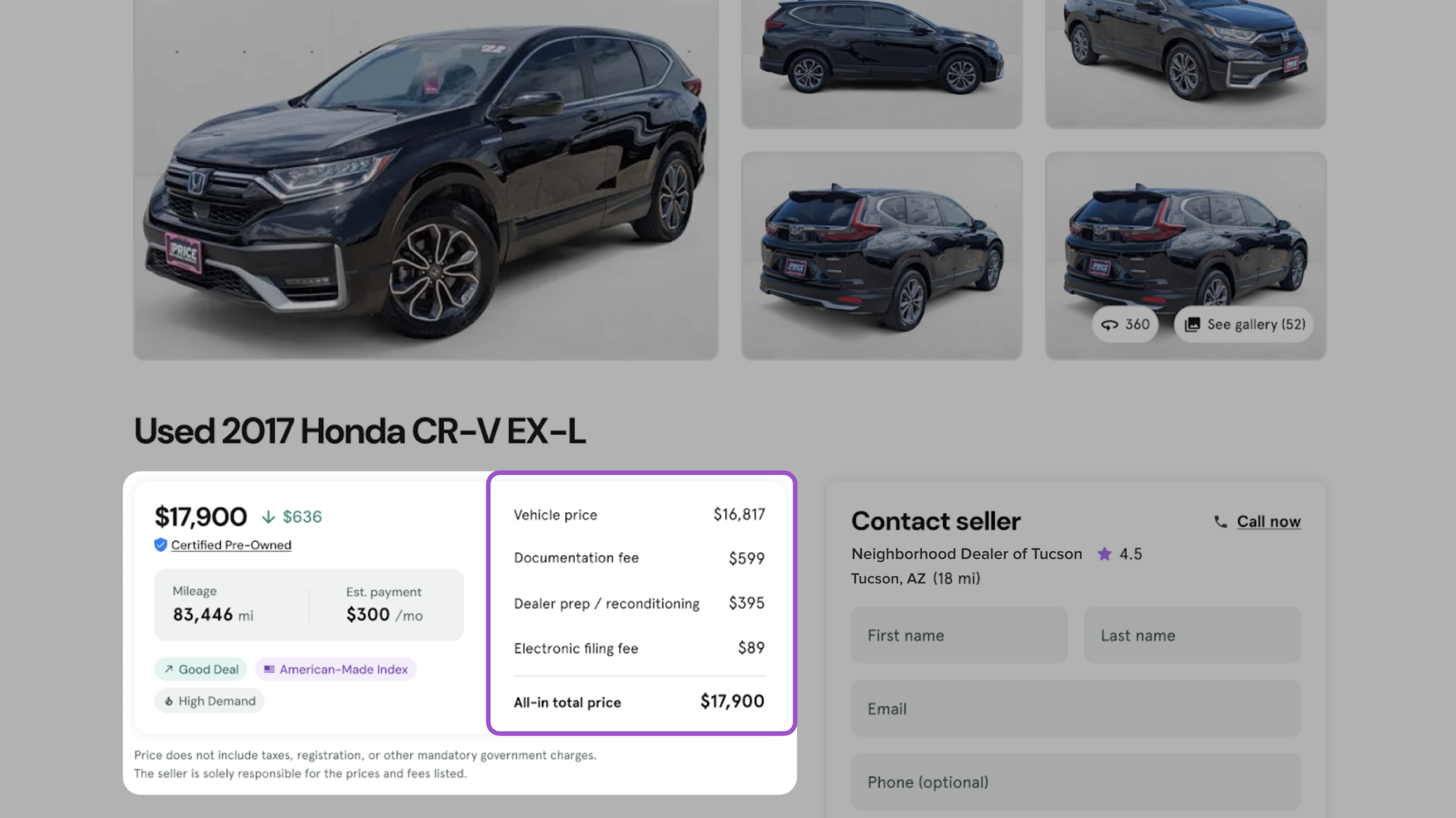 configured fees on vdp
