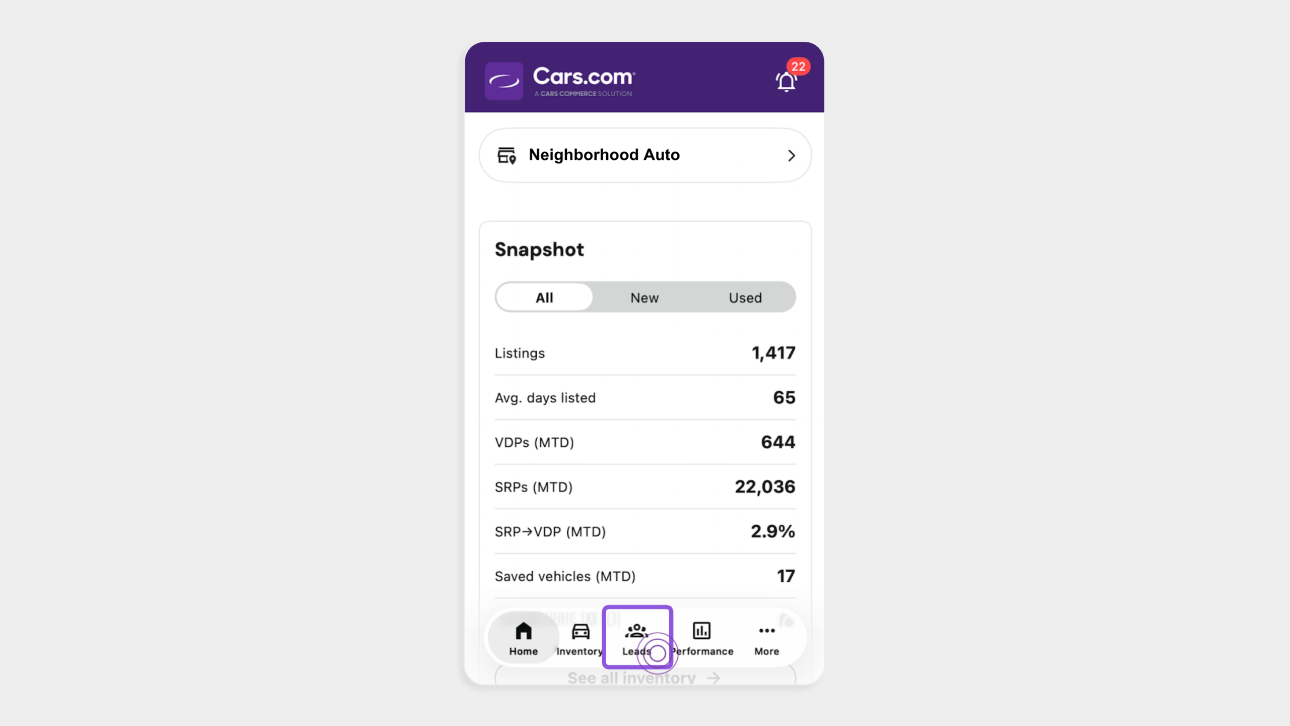 Leads tab in Dealer App