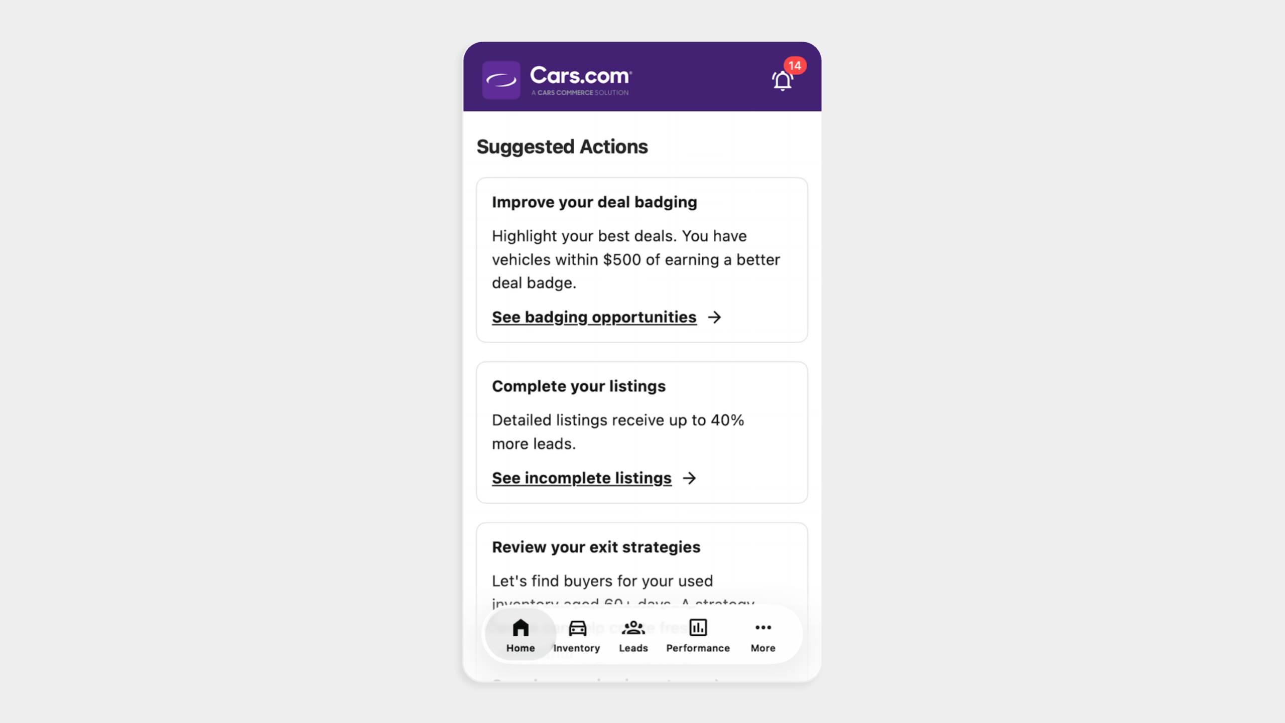 Suggested actions homepage 