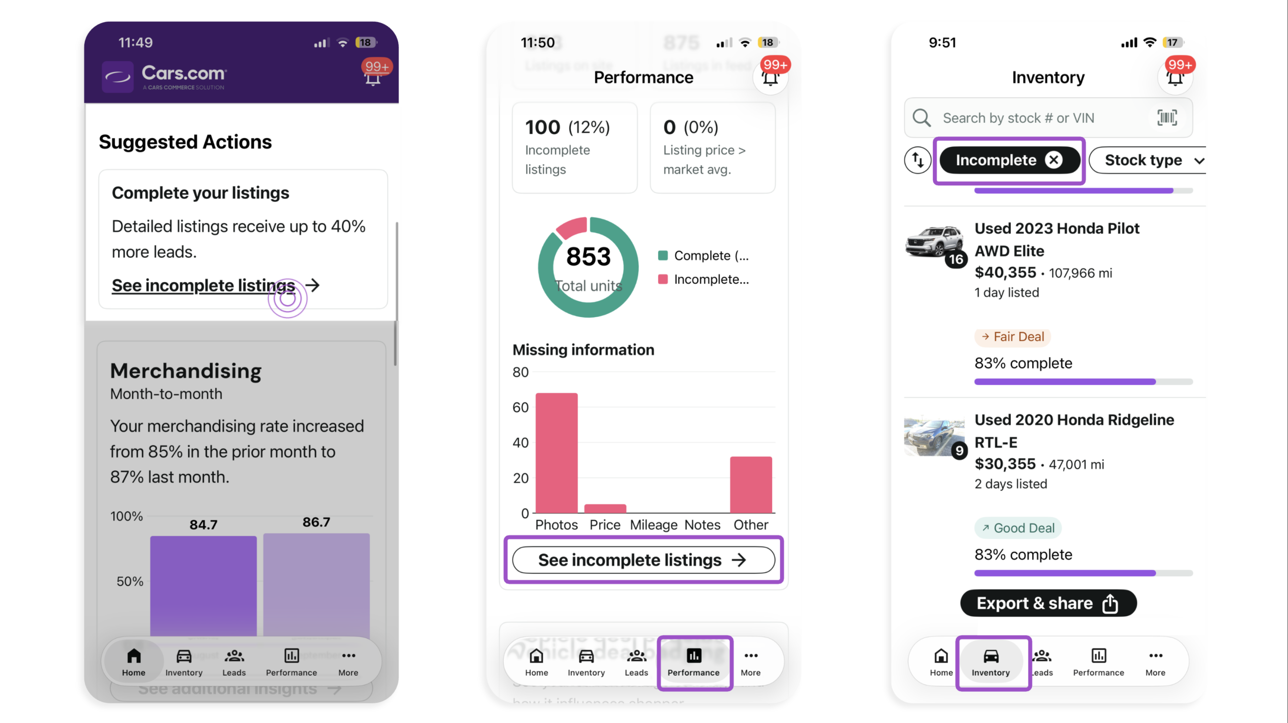 access incomplete listings on Dealer app
