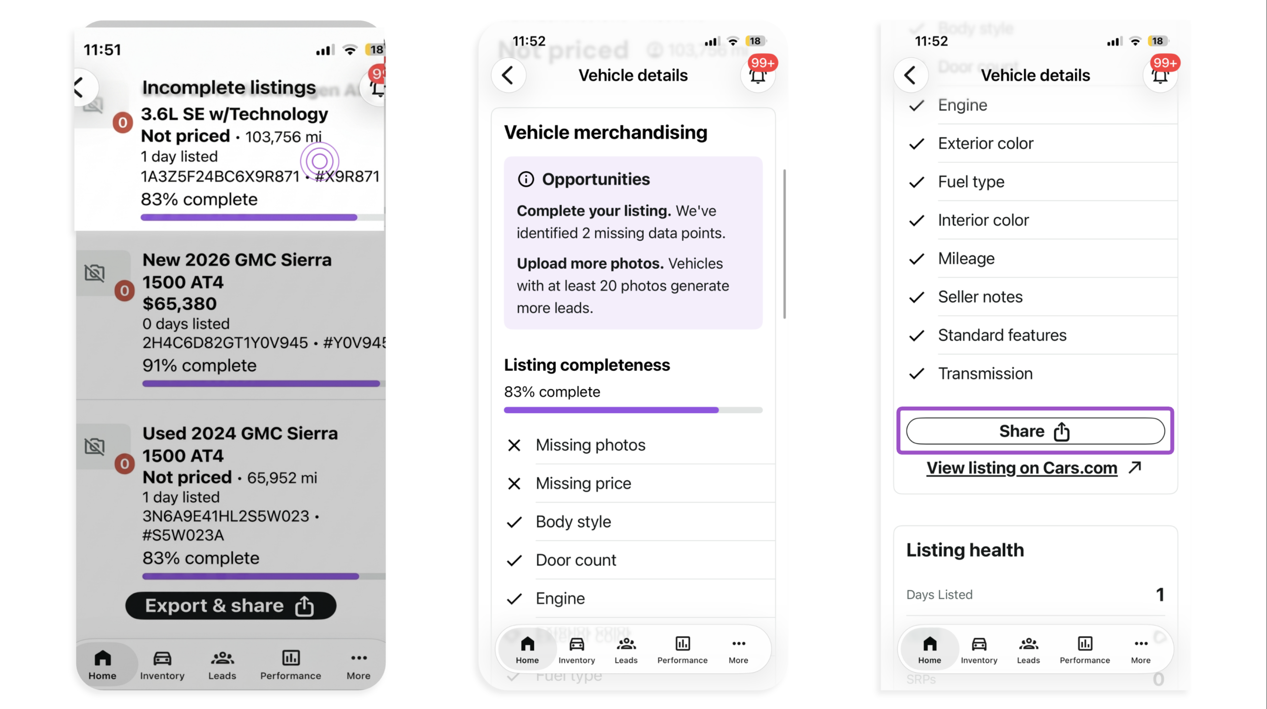 View listing completeness and share