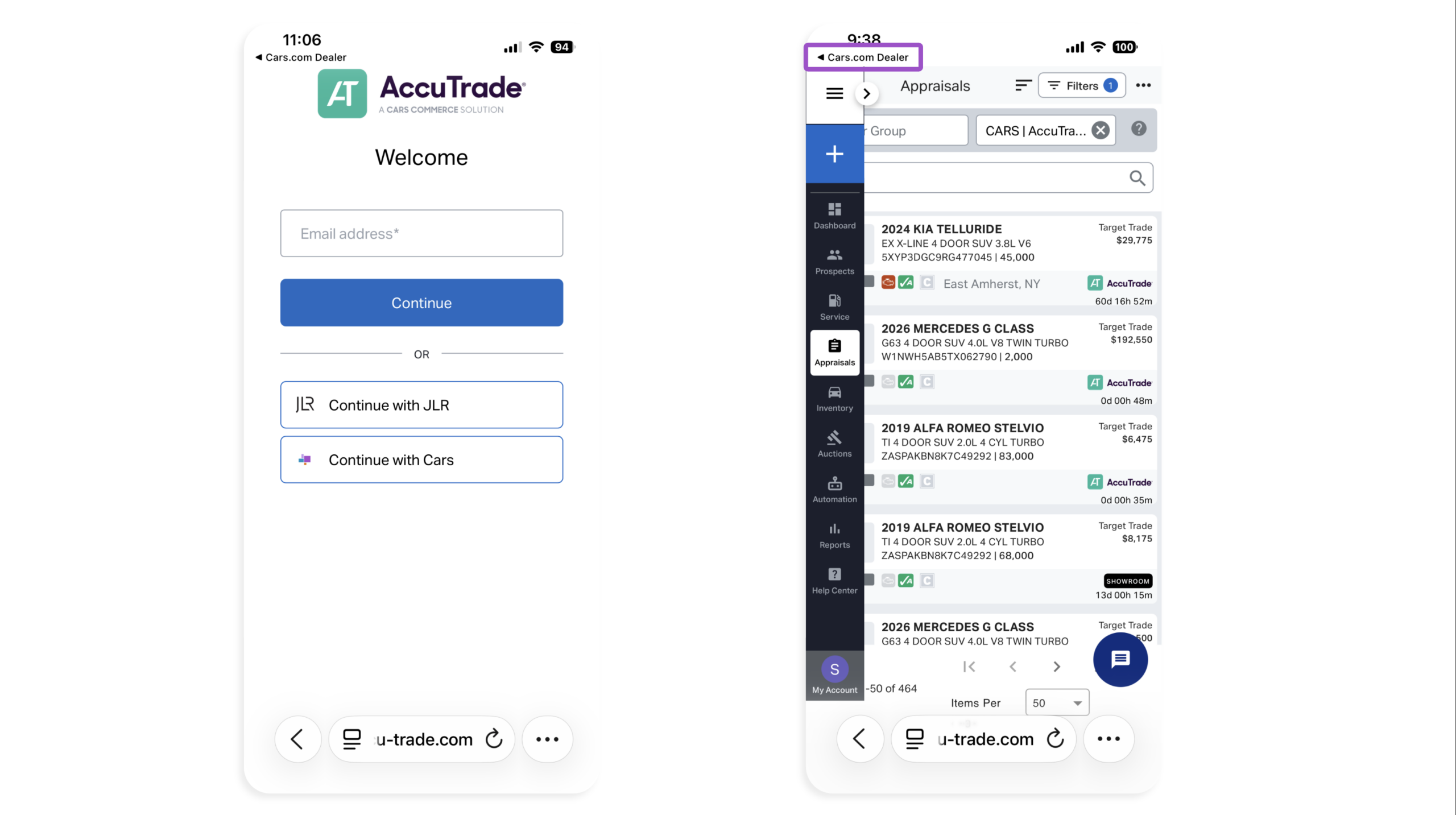 AccuTrade login and Appraisals screen