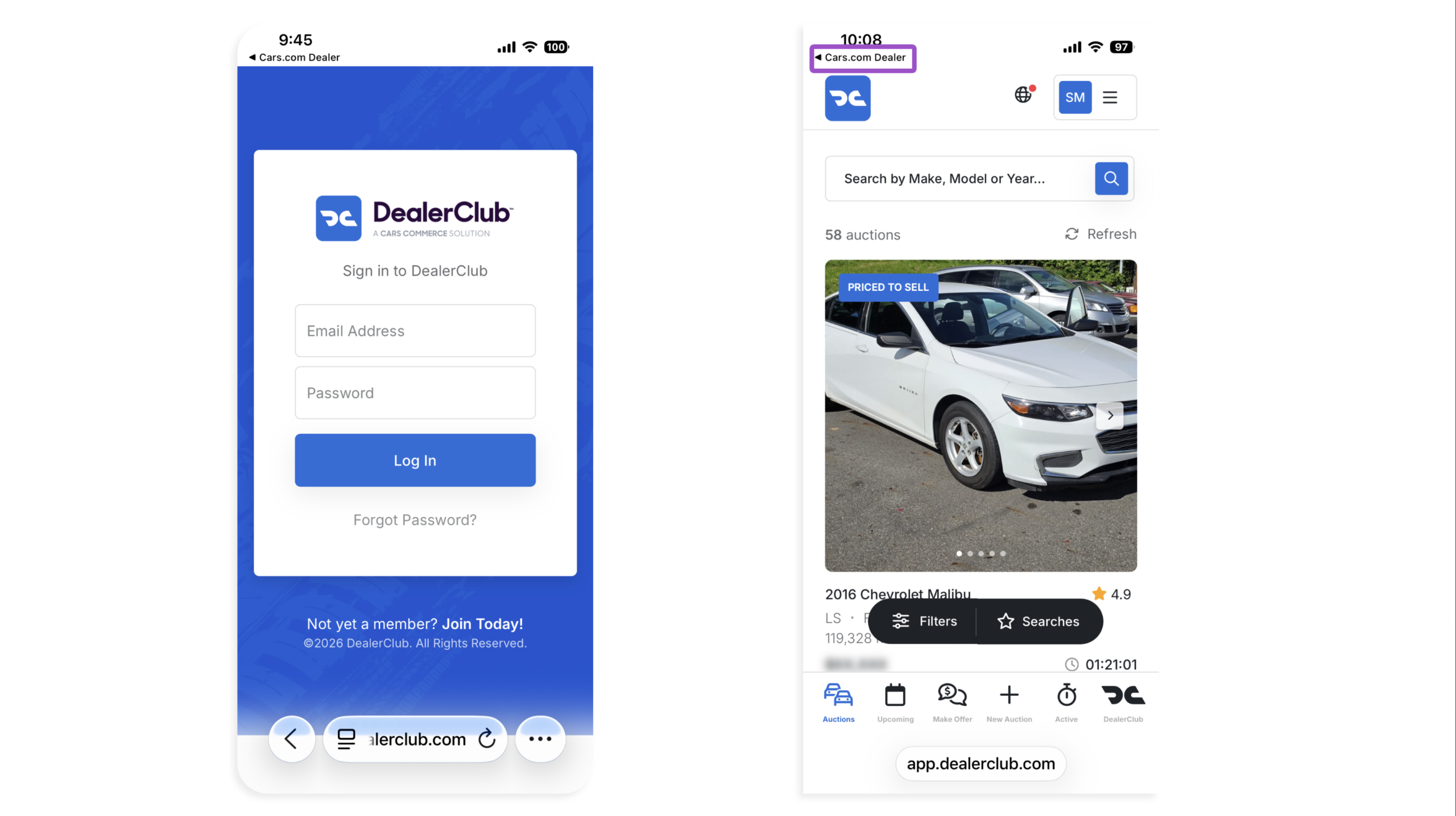 DealerClub login and Auctions screen