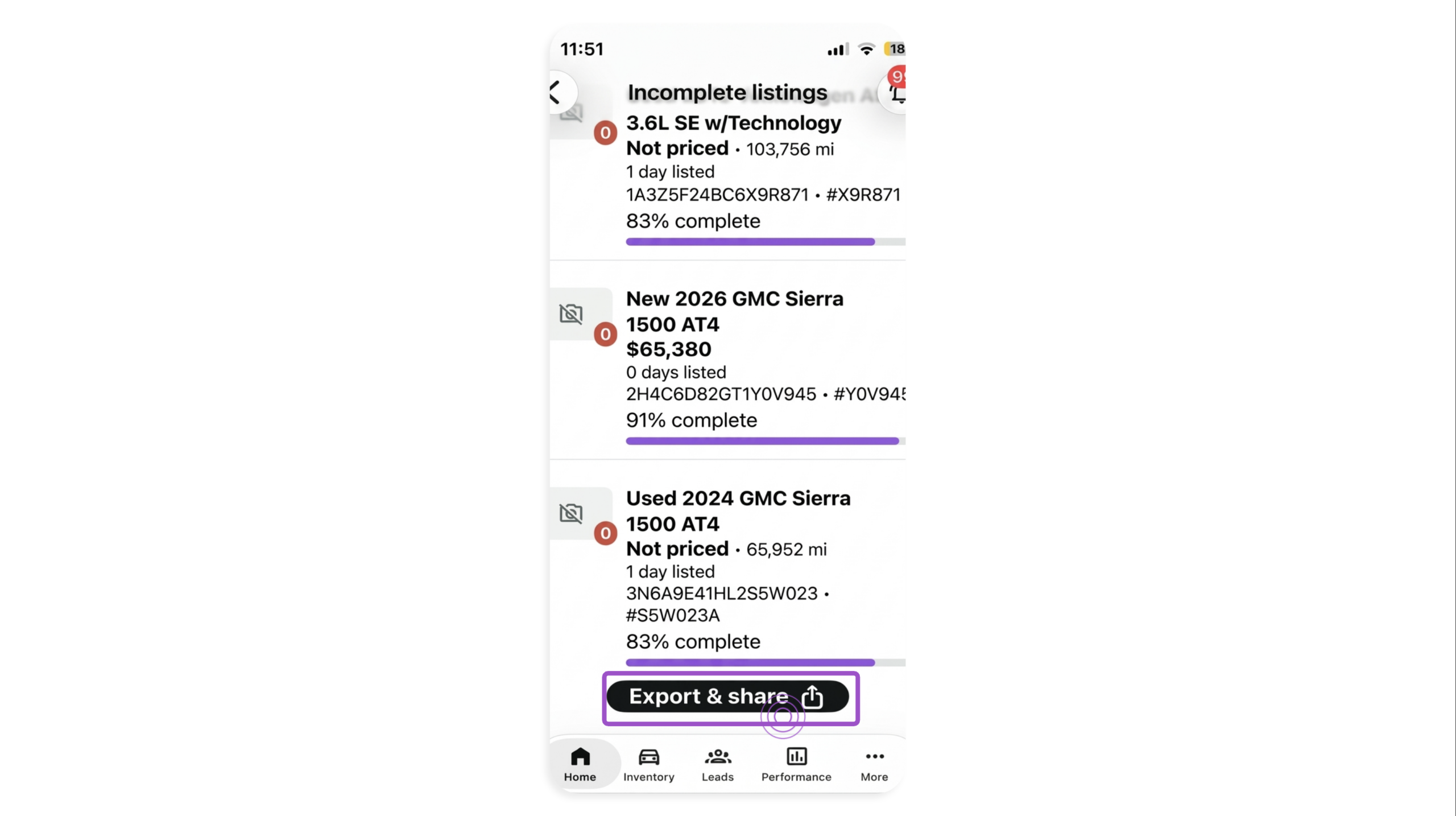 Incomplete listings on Dealer app